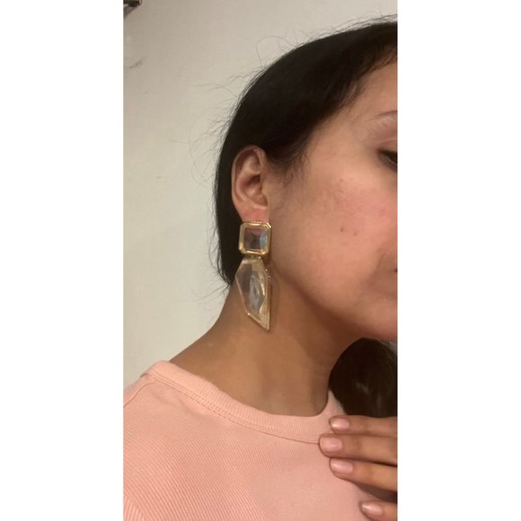 Large Gold clear earring chunky white acrylic crystal bold 3.75” - Picture 9 of 9